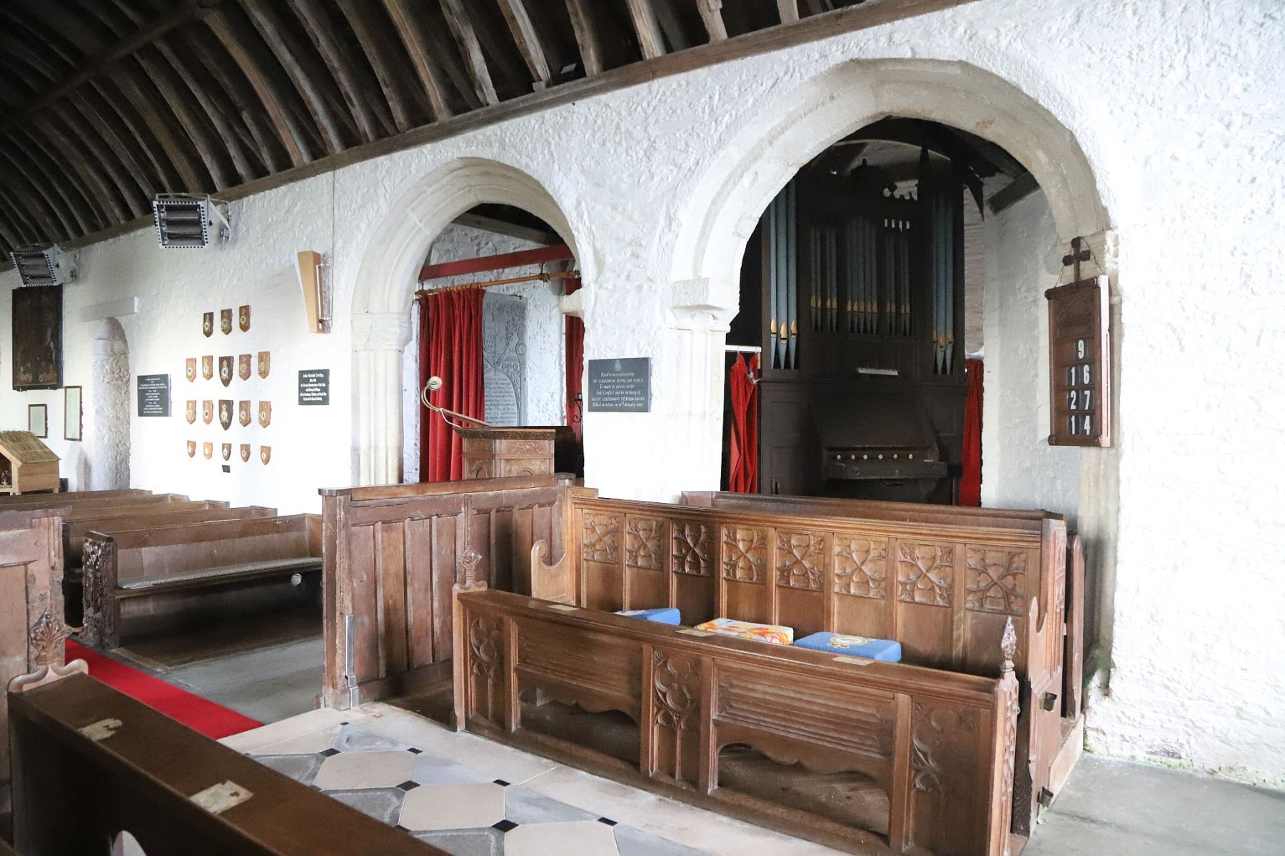 The organ seen from the Northern aisle at St. Eval Parish Church near Newquay in Cornwall