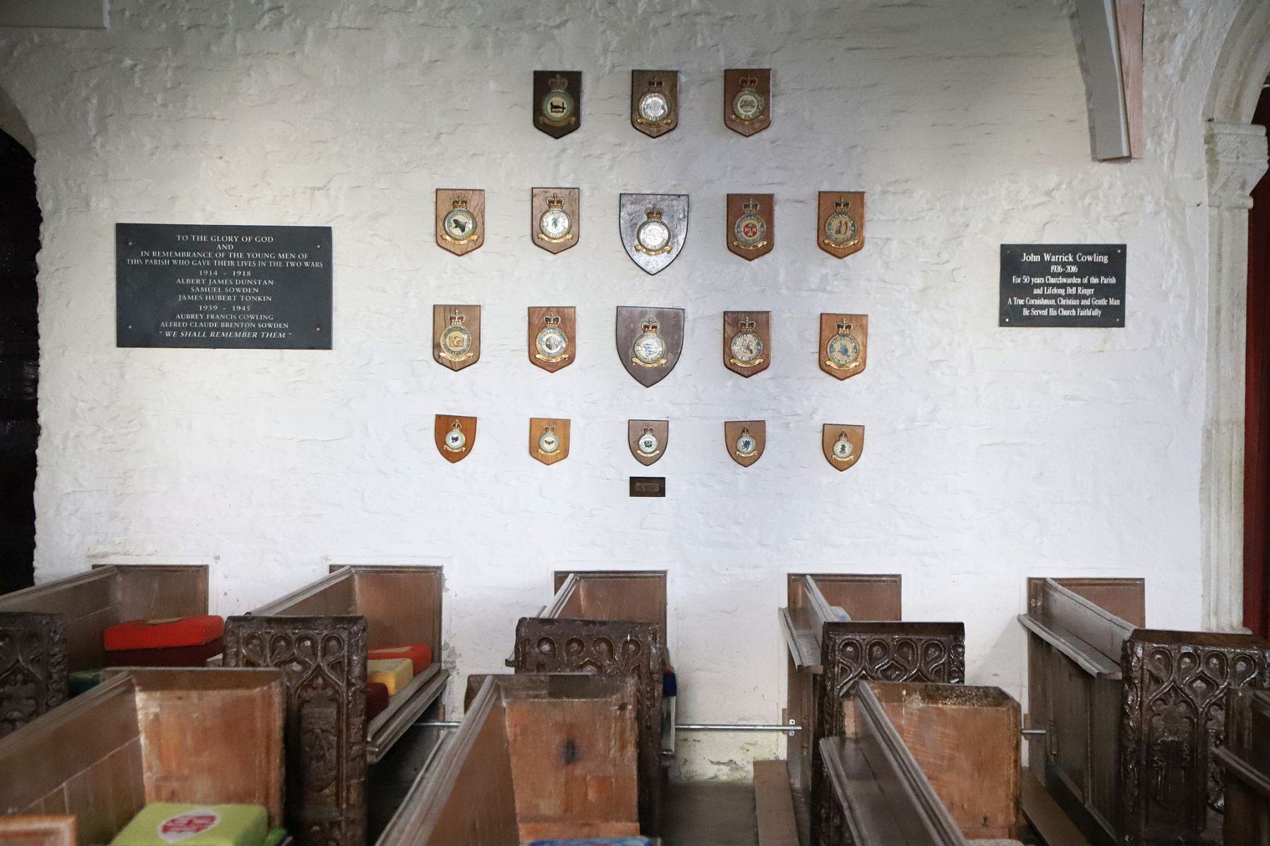 RAF Squadron badges at St. Eval Parish Church near Newquay in Cornwall