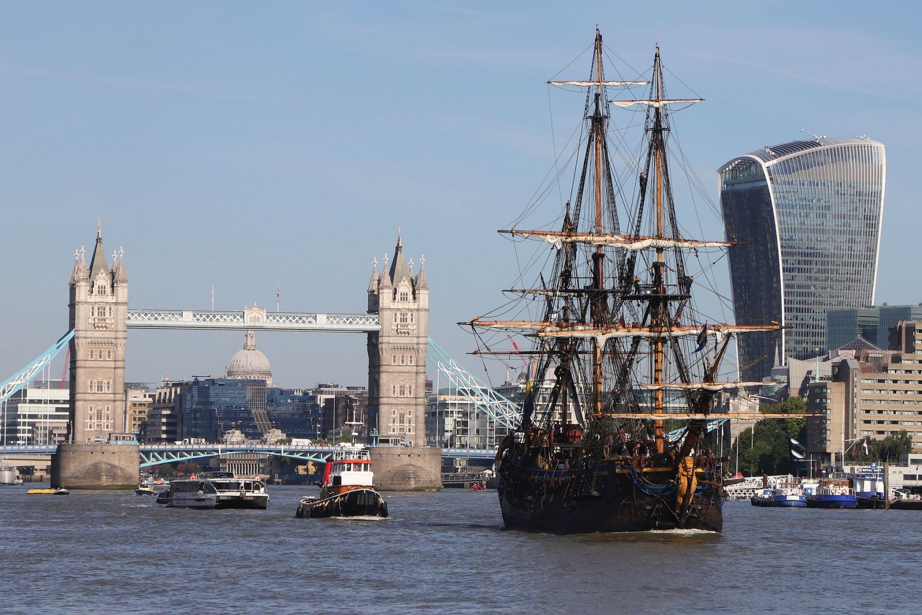Sailing ship Götheborg of Sweden sailing  downstream through London on the River Thamesfrom Tower Bridge