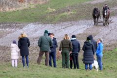 Head Horseman Tom Nixon of Operation Centaur guides shire horses Joey and William dragging a farrow along the cross country running course on Hampstead Heath. 06-Mar-2022. 6th March 2022.