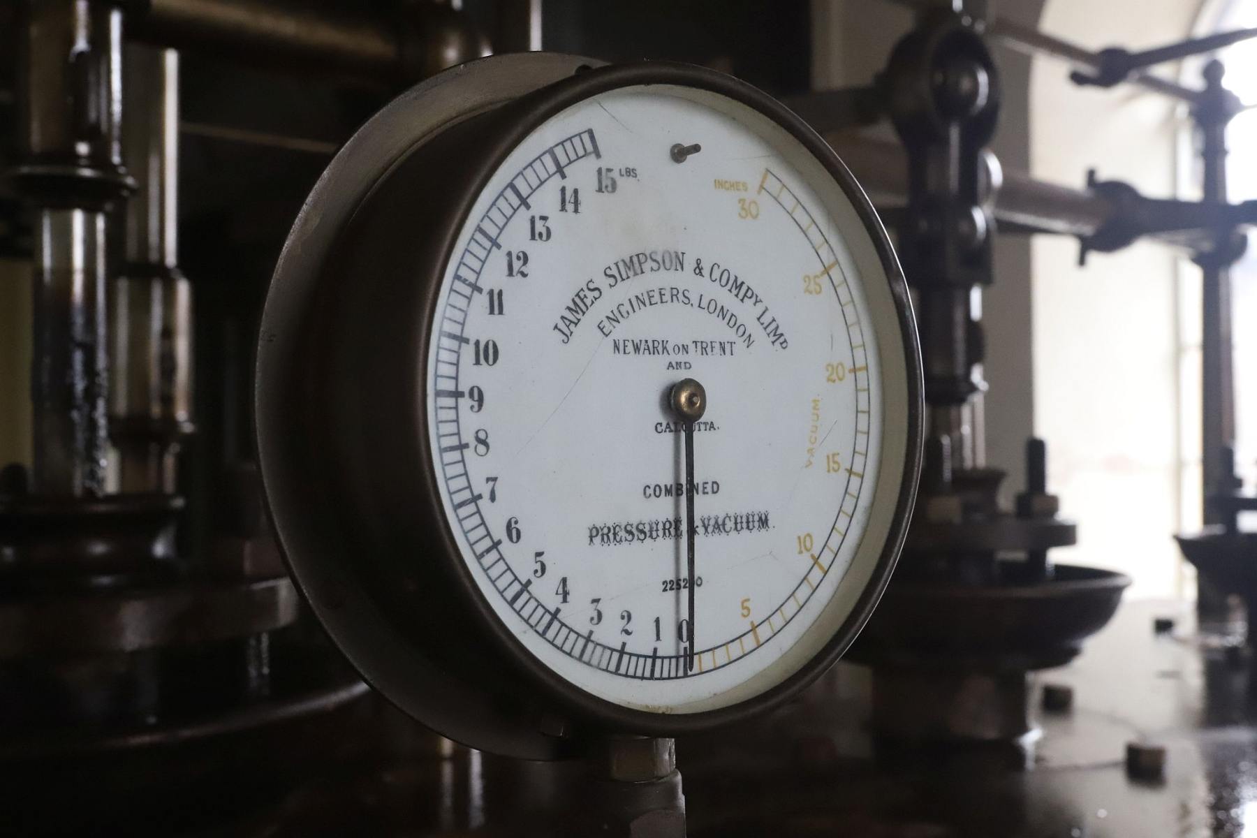 Dials on the 90 inch Grand Junction Cornish steam beam engine at the London Museum of Water and Steam