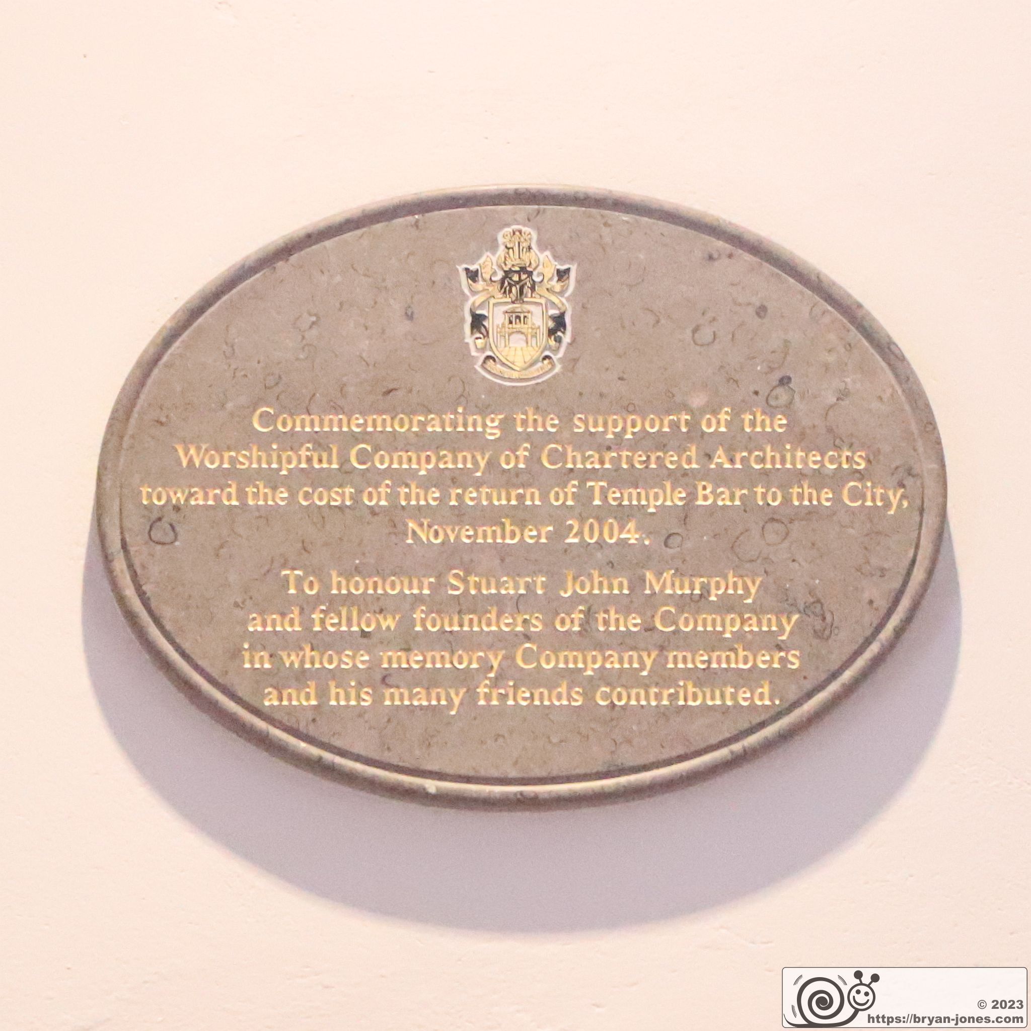 Plaque inside Temple Bar marking the gatehouse resiting project