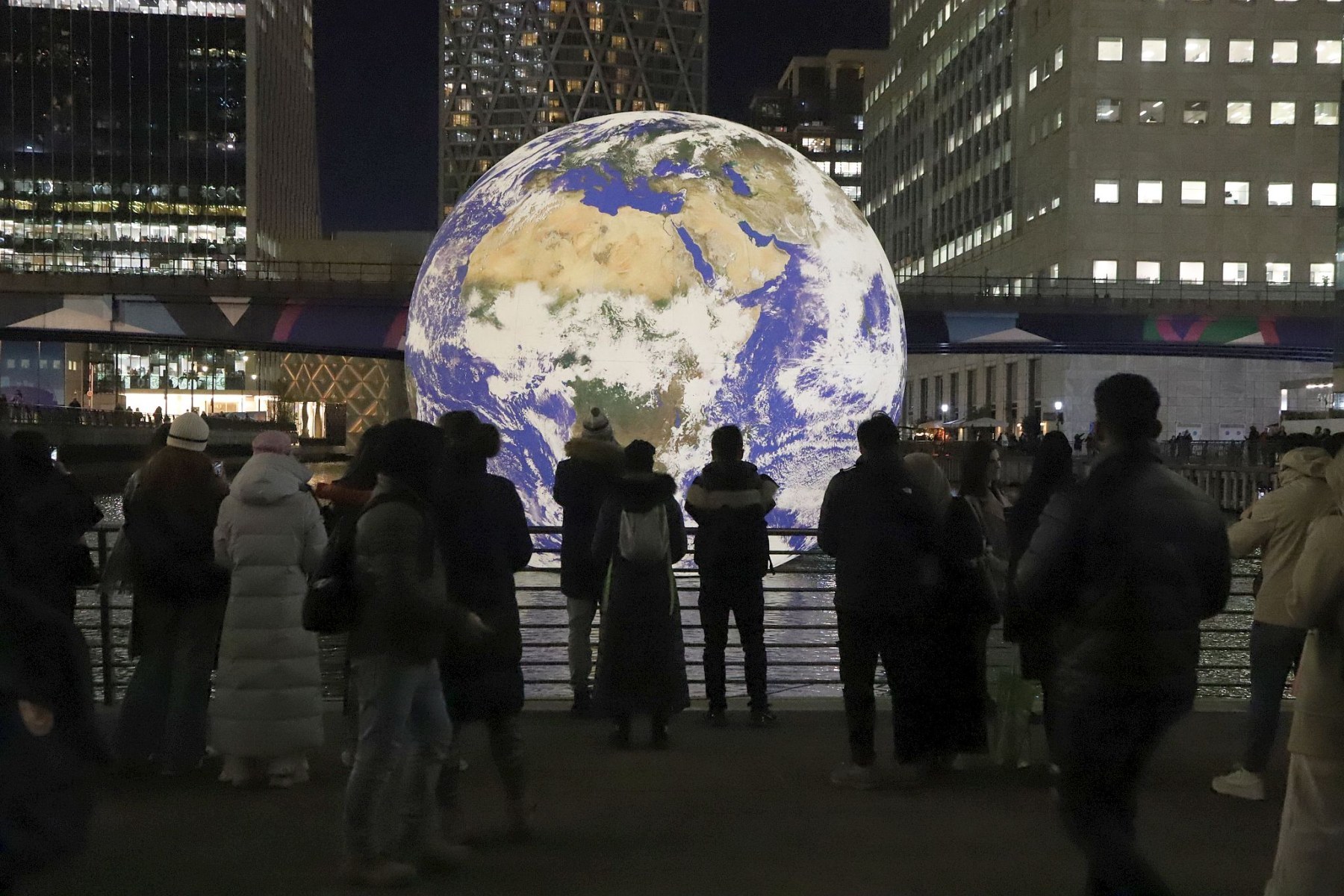 Floating Earth by Luke Jerram at Canary Wharf, London, 19-Jan-2023