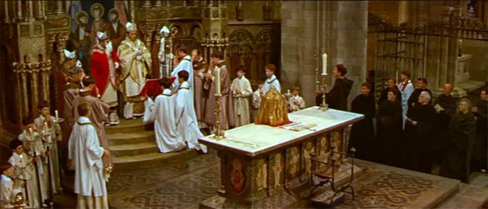 Still from the 1964 film "Becket", the altar is now in the Kilburn Tin Tabernacle church (Cambridge Avenue, London) as the Ship's chapel