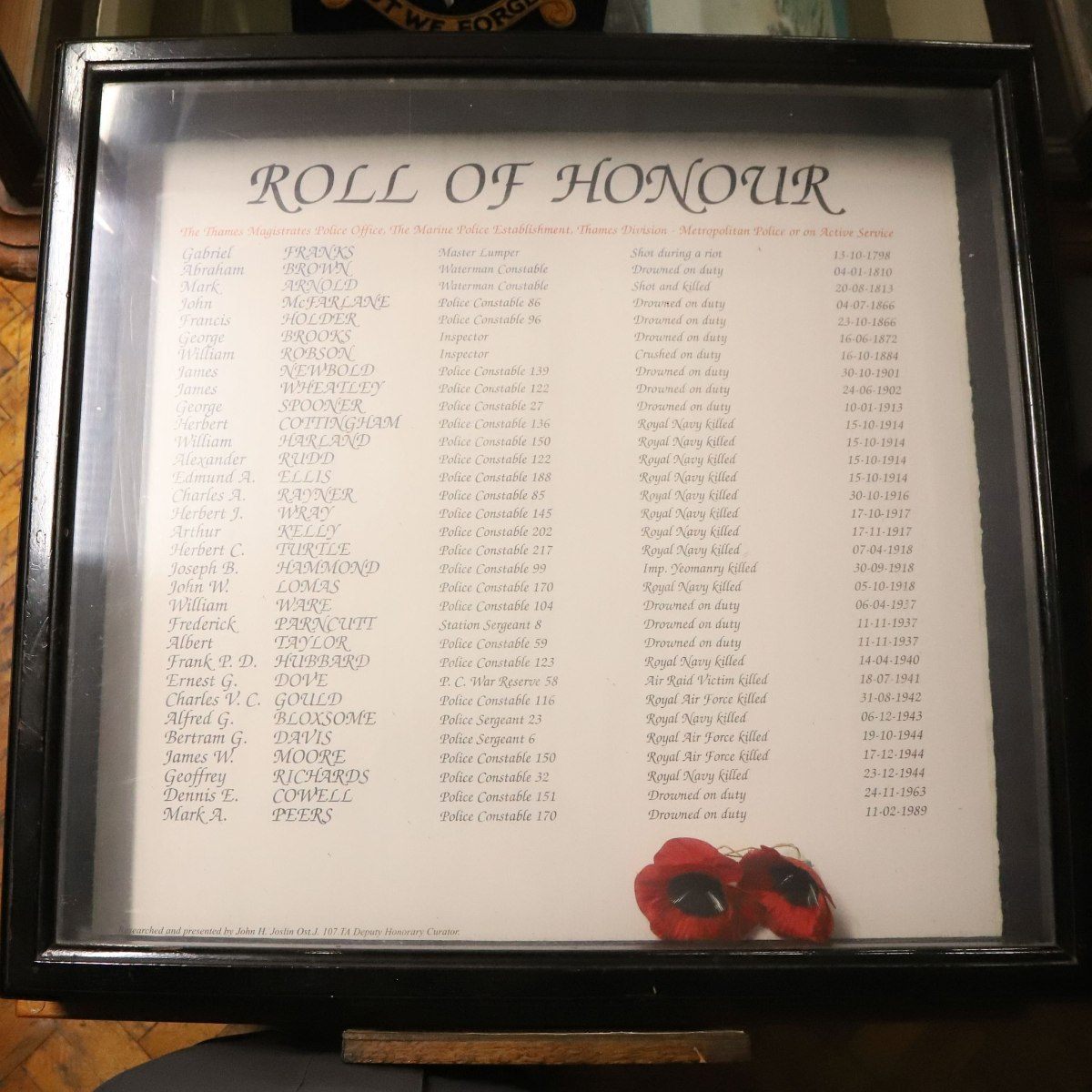 Roll of Honour of River Thames Police Officers killed on duty or on active service. Metropolitan Police Marine Policing Unit Museum, River Thames, London.