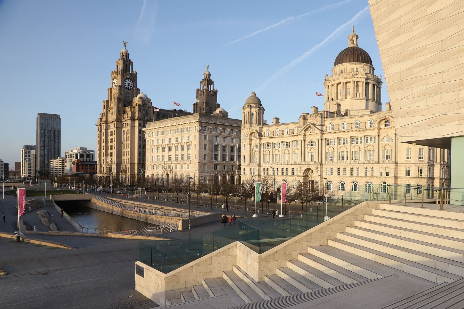 Royal Liver Building 360 Tower Tour, the Three Graces of Liverpool Waterfront and Pier Head seen from the steps of the Museum of Liverpool