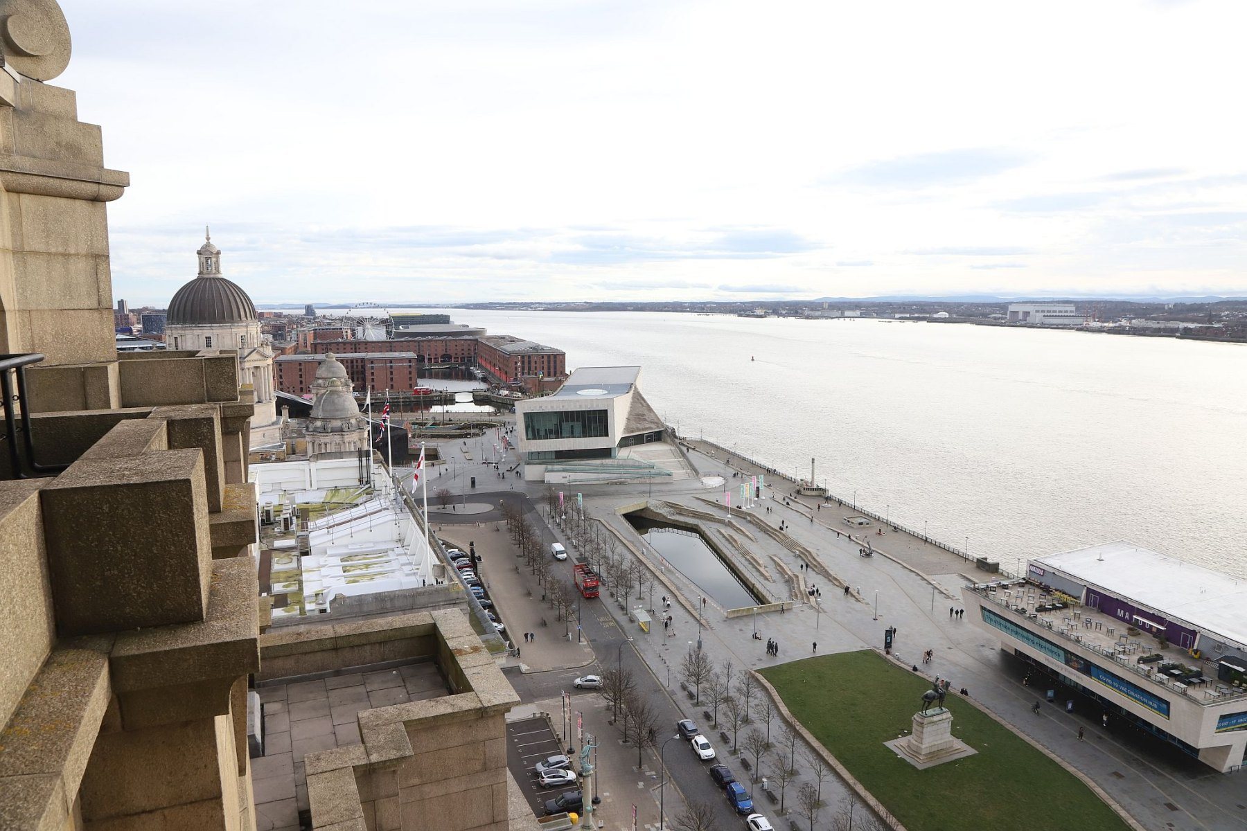 Royal Liver Building 360 Tower Tour looking down on the Liverpool waterfront and Pier Head