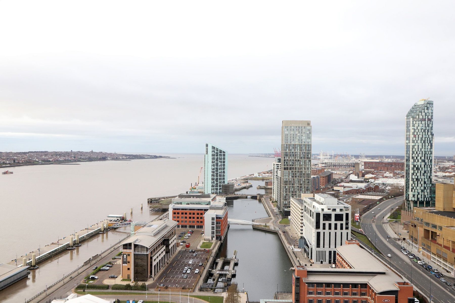 Royal Liver Building 360 Tower Tour looking along the Liverpool Waterfront and Pier Head on the River Mersey and out towards Liverpool Bay and the Irish Sea