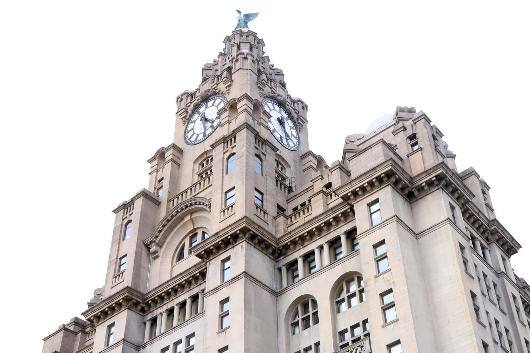 Royal Liver Building 360 Tower Tour looking down on the Liverpool waterfront and Pier Head. Liverpool Cathedral and the ventilation shaft for the Queensway Tunnel looking up at the Liver Building from ground level
