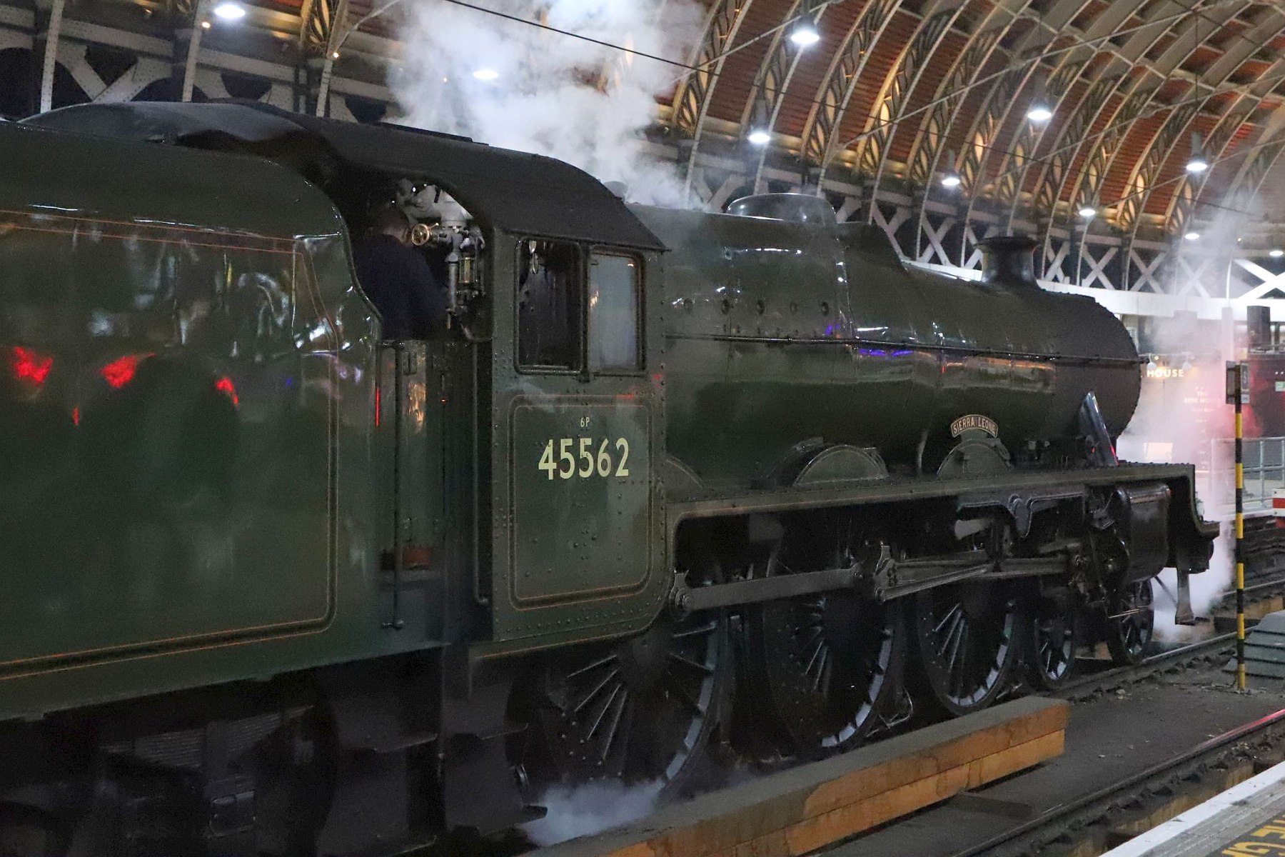 LMS Jubilee Class 5699/45699 Galatea at London Paddington railway station on the evening of 18-Feb-2023 with the Railway Touring Company's special train The Cotswold Venturer. Running as 45627 "Sierra Leone" with 45562 painted on the cab side.