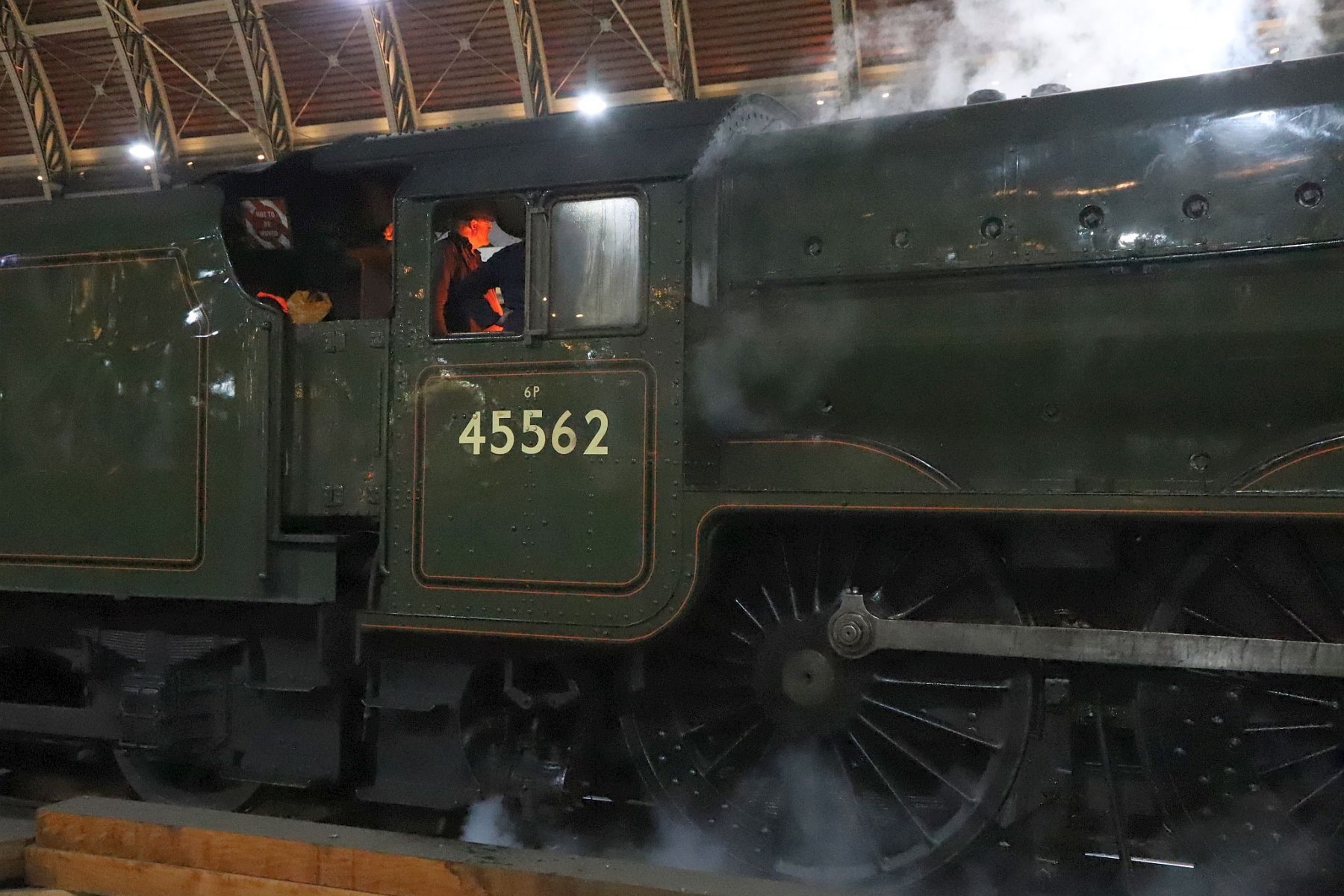 LMS Jubilee Class 5699/45699 Galatea at London Paddington railway station on the evening of 18-Feb-2023 with the Railway Touring Company's special train The Cotswold Venturer. Running as 45627 "Sierra Leone" with 45562 painted on the cab side.
