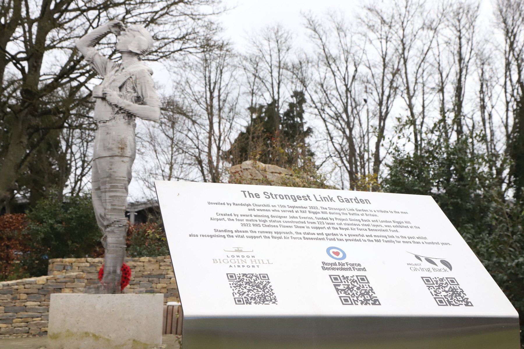 RAF Biggin Hill Memorial \"The Strongest Link\" featuring a pilot looking to the sky which was unveiled in 2022 to remember the RAF station\'s contribution to the defence of Great Britain.