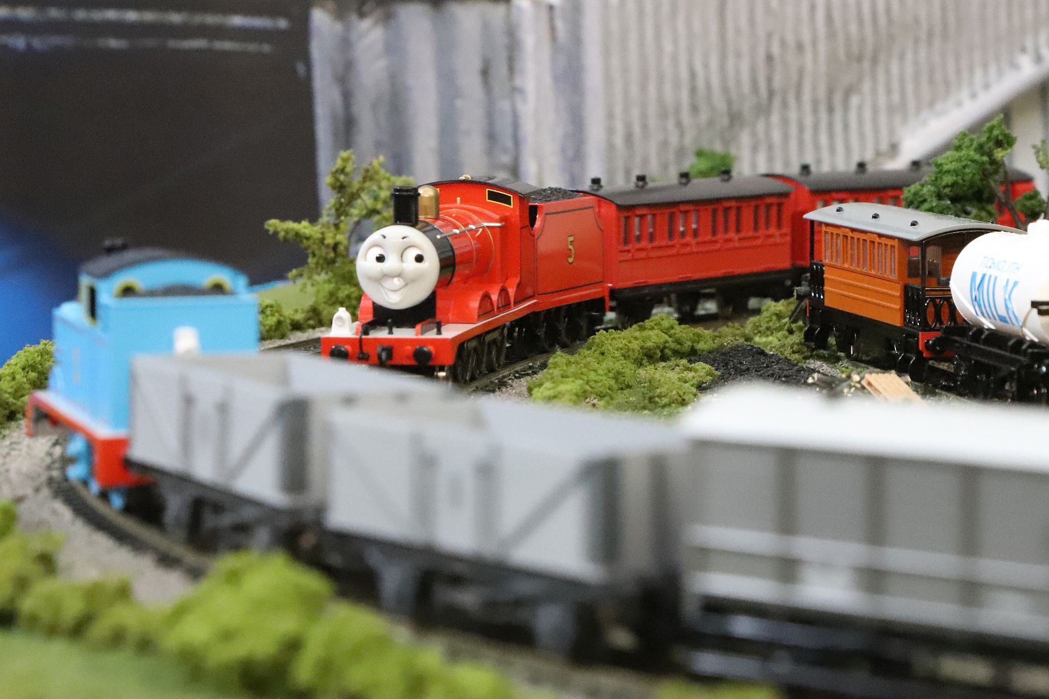 Thomas the Tank Engine and James the Red Engine OO Gauge model railway layout. 2023 London Festival of Railway Modelling, Alexandra Palace, London