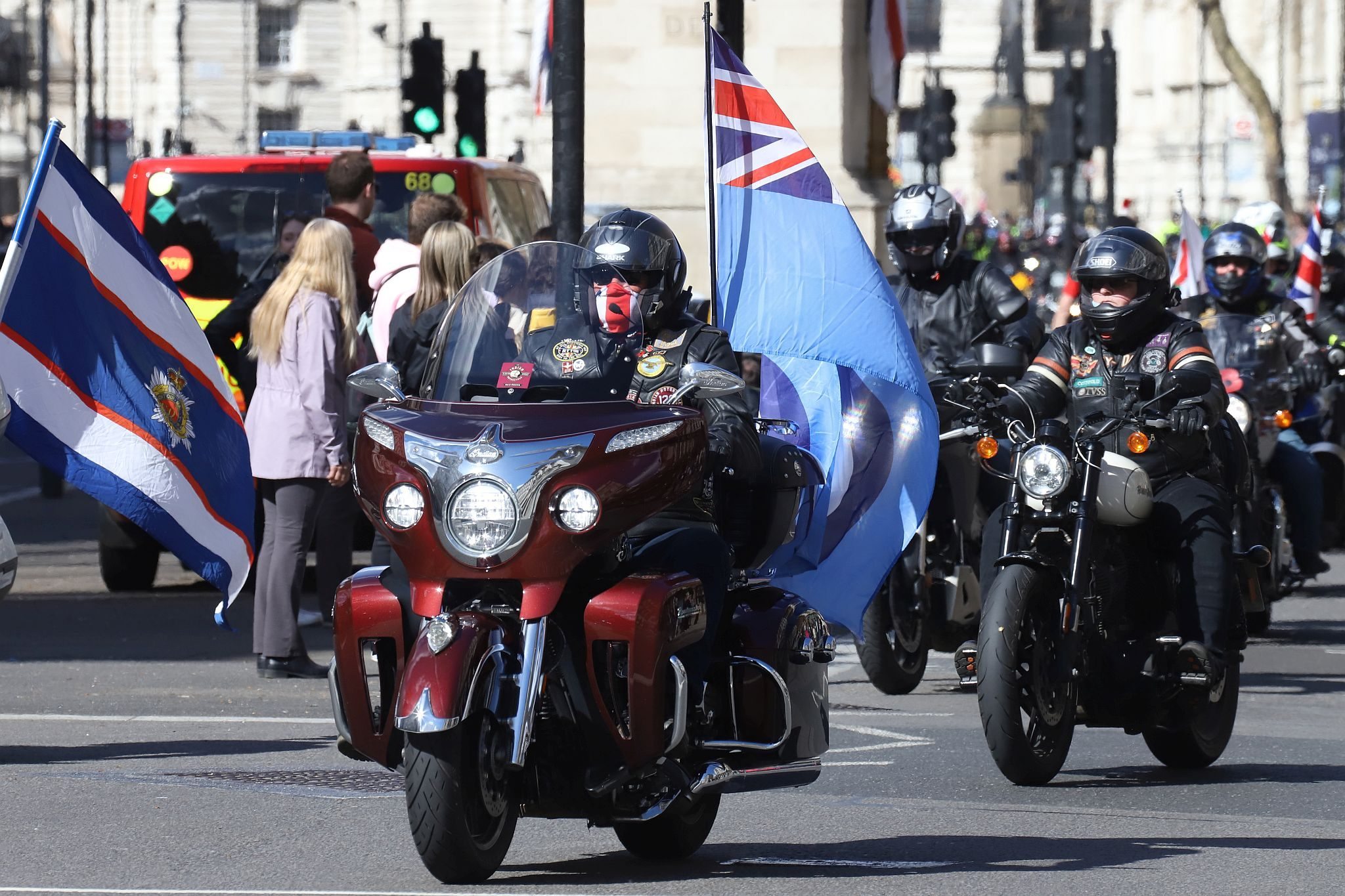 The Rolling Thunder UK military veterans motorcycle Ride of Respect, in memory of the late HM Queen Elizabeth II. 7th April 2023, Good Friday. Photographed in Whitehall, Westminster, London passing The Cenotaph war memorial and 10 Downing Street. Armed forces veterans. RAF. Royal Air Force.