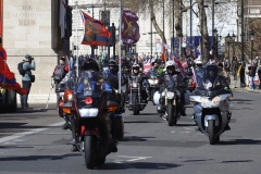 The Rolling Thunder UK military veterans motorcycle Ride of Respect, in memory of the late HM Queen Elizabeth II. 7th April 2023, Good Friday. Photographed in Whitehall, Westminster, London passing The Cenotaph war memorial and 10 Downing Street. Armed forces veterans.