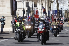 The Rolling Thunder UK military veterans motorcycle Ride of Respect, in memory of the late HM Queen Elizabeth II. 7th April 2023, Good Friday. Photographed in Whitehall, Westminster, London passing The Cenotaph war memorial and 10 Downing Street. Armed forces veterans.