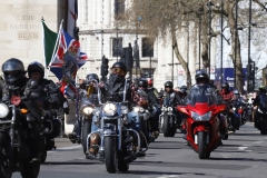 The Rolling Thunder UK military veterans motorcycle Ride of Respect, in memory of the late HM Queen Elizabeth II. 7th April 2023, Good Friday. Photographed in Whitehall, Westminster, London passing The Cenotaph war memorial and 10 Downing Street. Armed forces veterans.