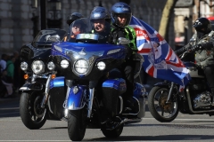 The Rolling Thunder UK military veterans motorcycle Ride of Respect, in memory of the late HM Queen Elizabeth II. 7th April 2023, Good Friday. Photographed in Whitehall, Westminster, London passing The Cenotaph war memorial and 10 Downing Street. Armed forces veterans.