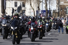 The Rolling Thunder UK military veterans motorcycle Ride of Respect, in memory of the late HM Queen Elizabeth II. 7th April 2023, Good Friday. Photographed in Whitehall, Westminster, London passing The Cenotaph war memorial and 10 Downing Street. Armed forces veterans.