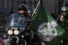 The Rolling Thunder UK military veterans motorcycle Ride of Respect, in memory of the late HM Queen Elizabeth II. 7th April 2023, Good Friday. Photographed in Whitehall, Westminster, London passing The Cenotaph war memorial and 10 Downing Street. Armed forces veterans. Royal Green Jackets.