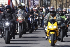 The Rolling Thunder UK military veterans motorcycle Ride of Respect, in memory of the late HM Queen Elizabeth II. 7th April 2023, Good Friday. Photographed in Whitehall, Westminster, London passing The Cenotaph war memorial and 10 Downing Street. Armed forces veterans.