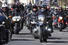 The Rolling Thunder UK military veterans motorcycle Ride of Respect, in memory of the late HM Queen Elizabeth II. 7th April 2023, Good Friday. Photographed in Whitehall, Westminster, London passing The Cenotaph war memorial and 10 Downing Street. Armed forces veterans.