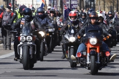 The Rolling Thunder UK military veterans motorcycle Ride of Respect, in memory of the late HM Queen Elizabeth II. 7th April 2023, Good Friday. Photographed in Whitehall, Westminster, London passing The Cenotaph war memorial and 10 Downing Street. Armed forces veterans.