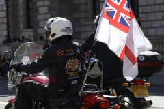 The Rolling Thunder UK military veterans motorcycle Ride of Respect, in memory of the late HM Queen Elizabeth II. 7th April 2023, Good Friday. Photographed in Whitehall, Westminster, London passing The Cenotaph war memorial and 10 Downing Street. Armed forces veterans.