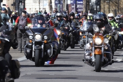 The Rolling Thunder UK military veterans motorcycle Ride of Respect, in memory of the late HM Queen Elizabeth II. 7th April 2023, Good Friday. Photographed in Whitehall, Westminster, London passing The Cenotaph war memorial and 10 Downing Street. Armed forces veterans.