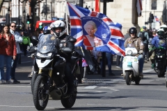 The Rolling Thunder UK military veterans motorcycle Ride of Respect, in memory of the late HM Queen Elizabeth II. 7th April 2023, Good Friday. Photographed in Whitehall, Westminster, London passing The Cenotaph war memorial and 10 Downing Street. Armed forces veterans. Union Flag. Union Jack.