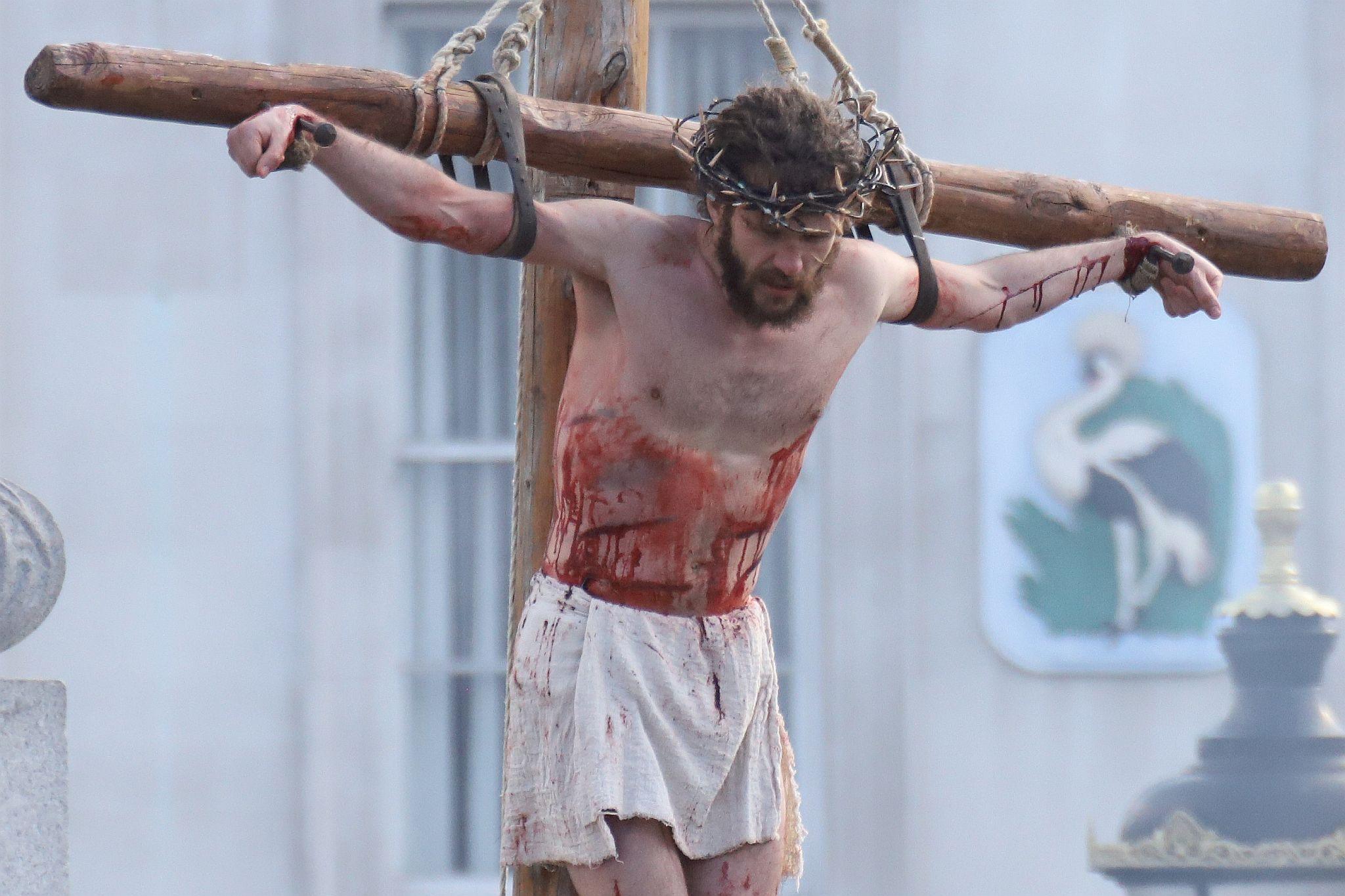 The Good Friday Wintershall Easter Passion Play "The Passion of Jesus" presented at Trafalgar Square in London. 7th April 2023. Christ on the Cross.