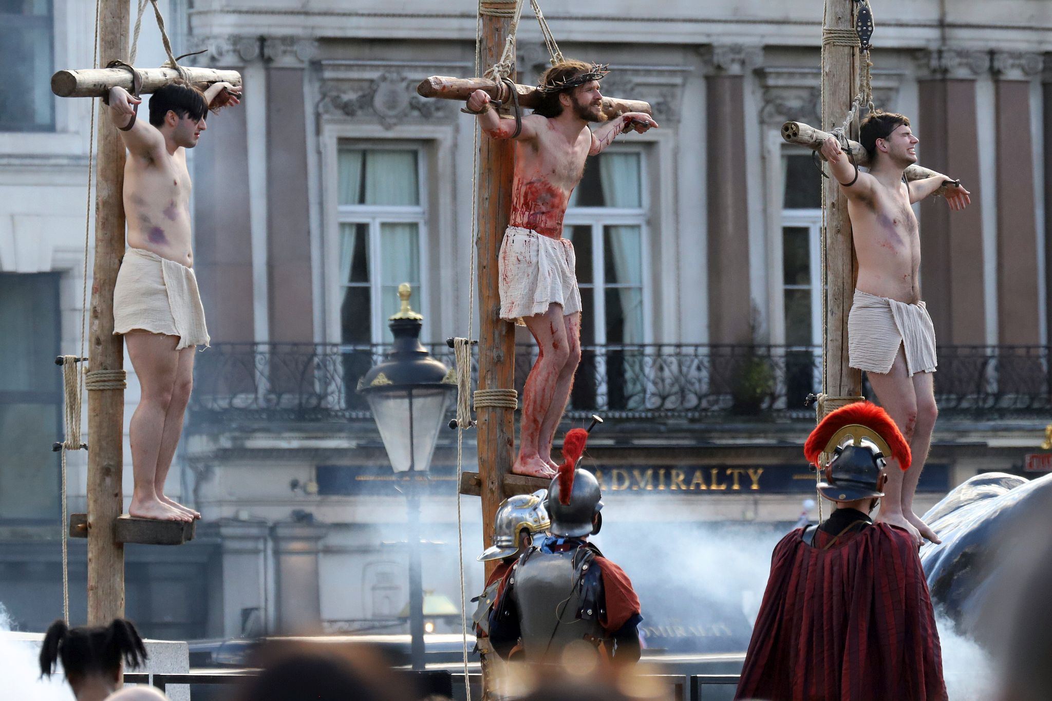 The Good Friday Wintershall Easter Passion Play "The Passion of Jesus" presented at Trafalgar Square in London. 7th April 2023. Christ on the Cross.