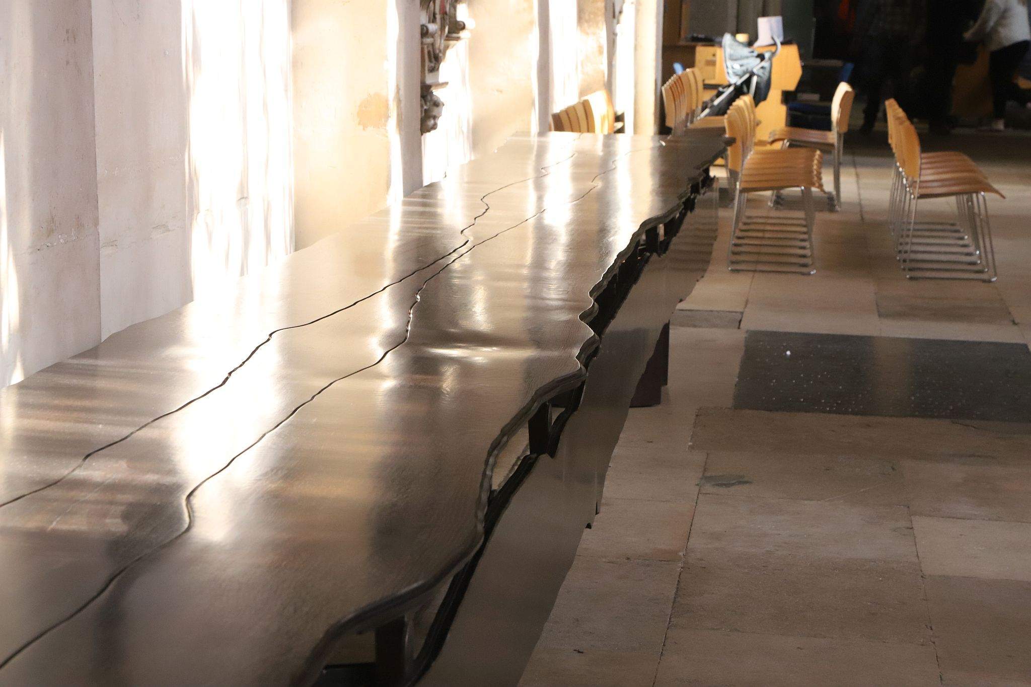 The Fenland Table, a table for the nation, at Rochester Cathedral in Kent, on 09-Apr-2023. A table that took ten years to make using planks cut from a 5,000 year old tree trunk.