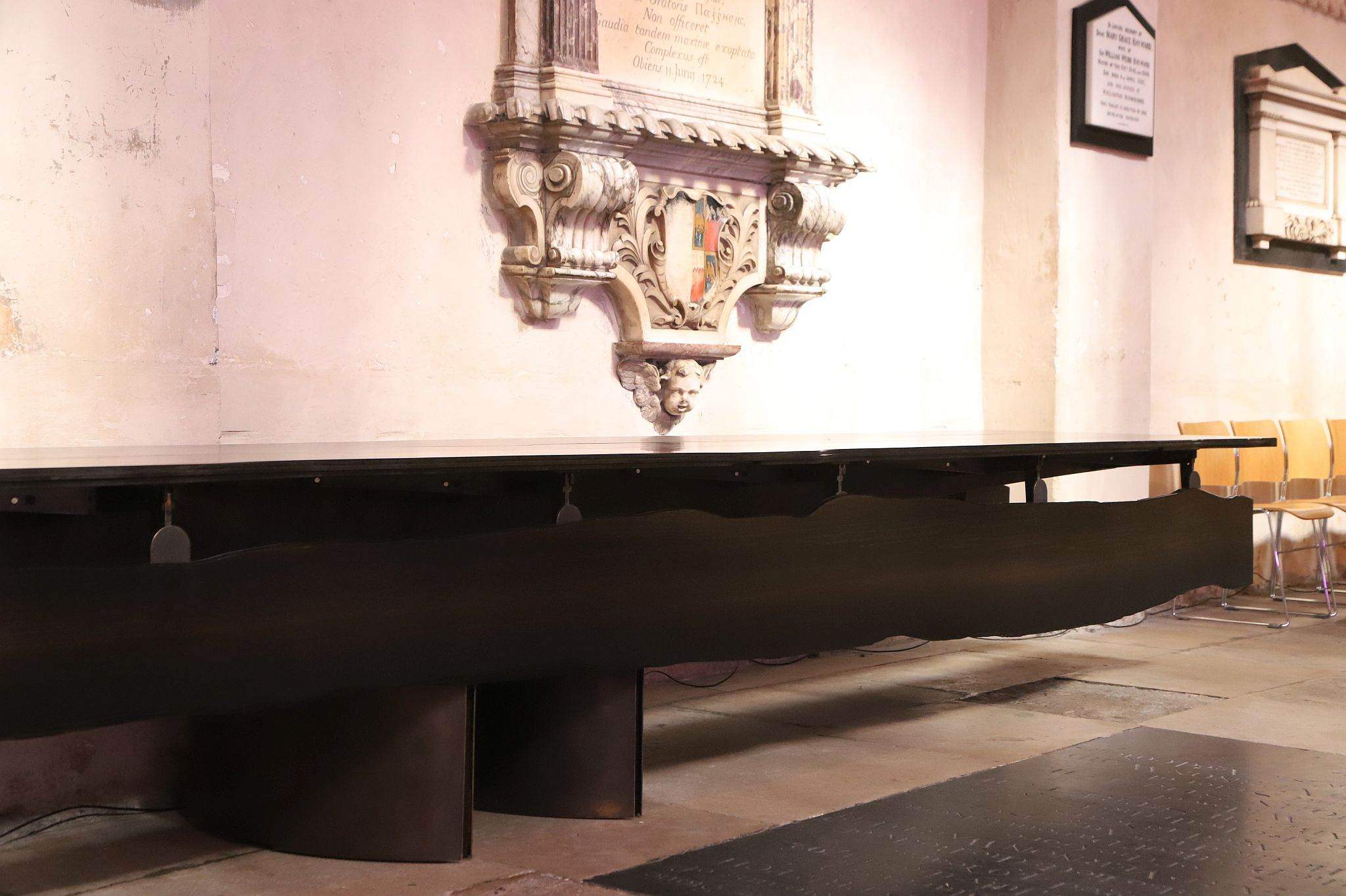 The Fenland Table, a table for the nation, at Rochester Cathedral in Kent, on 09-Apr-2023. A table that took ten years to make using planks cut from a 5,000 year old tree trunk.