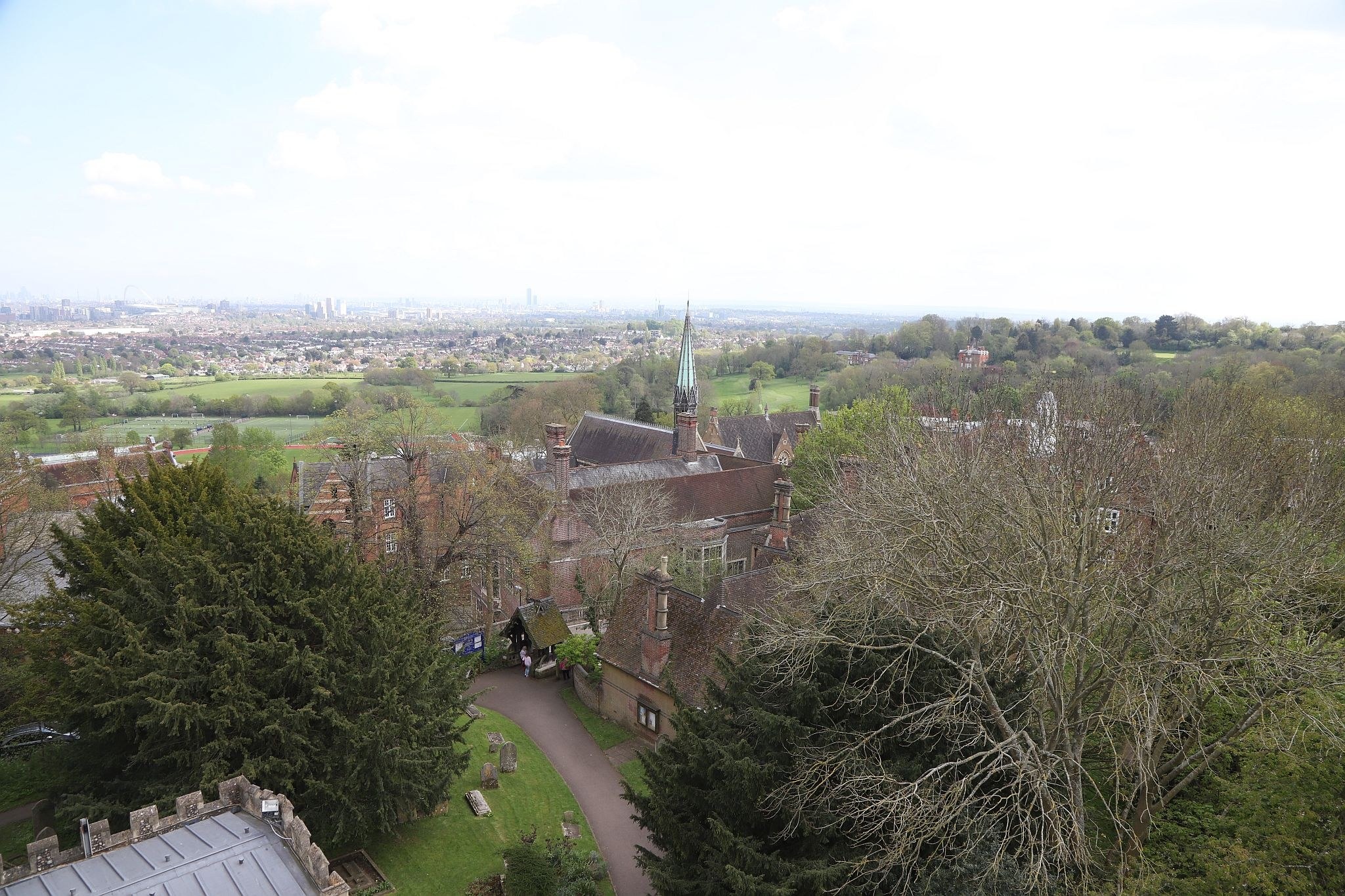 The view seen from the tower. St Mary’s Church, Harrow-on-the-Hill, London. 29-Apr-2023.