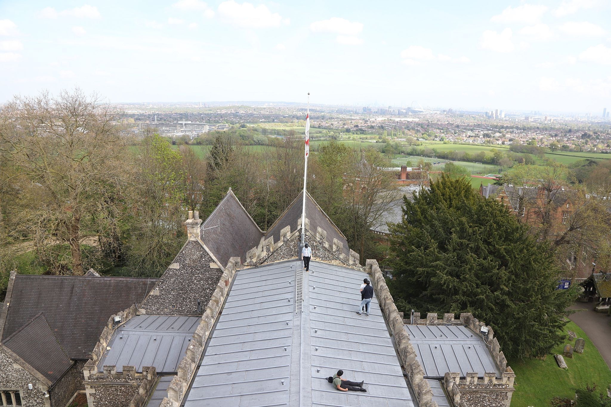 The view seen from the tower. St Mary’s Church, Harrow-on-the-Hill, London. 29-Apr-2023.