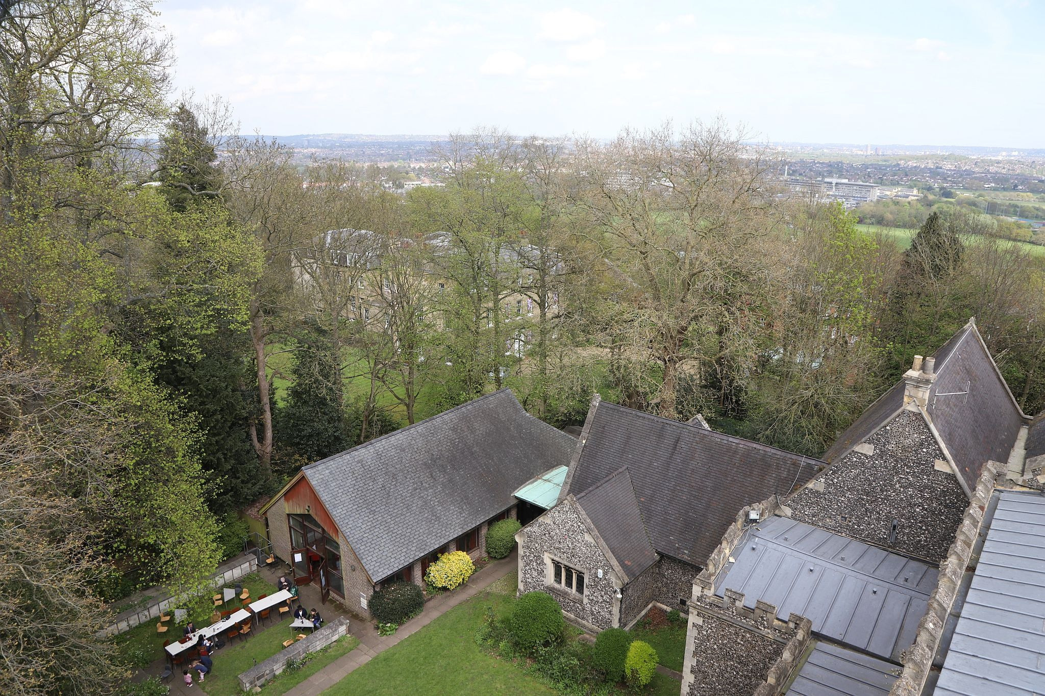 The view seen from the tower. St Mary’s Church, Harrow-on-the-Hill, London. 29-Apr-2023.