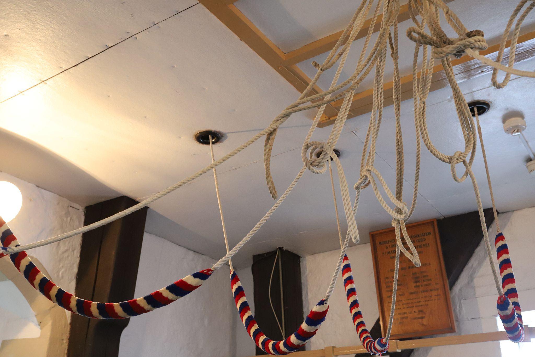 The bell ropes tied up on the ceiling. St Mary’s Church, Harrow-on-the-Hill, London. 29-Apr-2023.