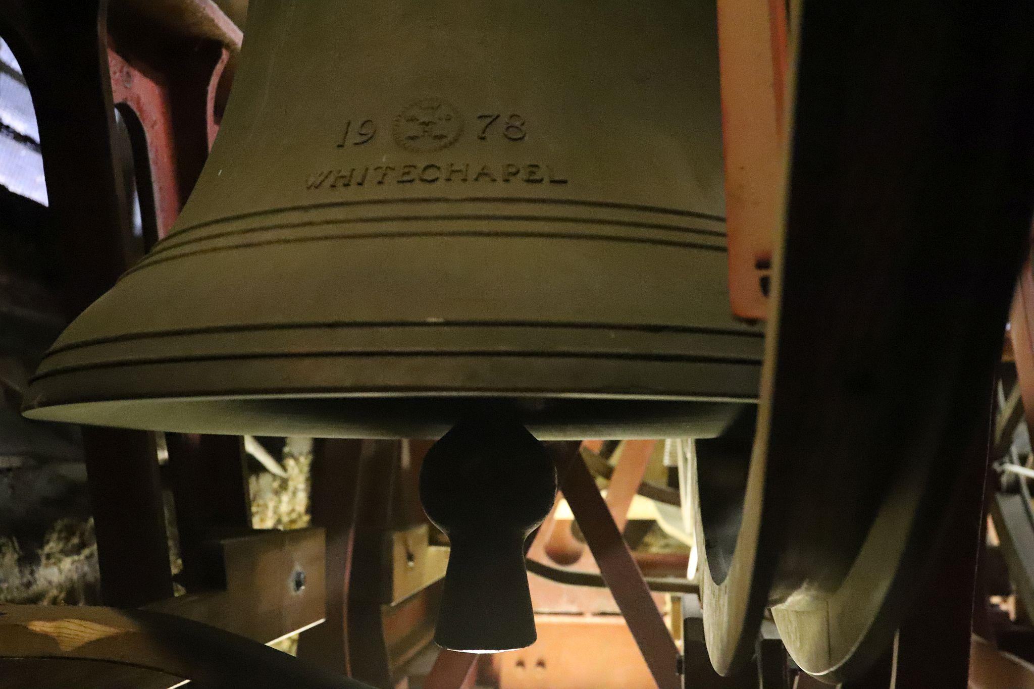 The church bells in the belfry. St Mary’s Church, Harrow-on-the-Hill, London. 29-Apr-2023.