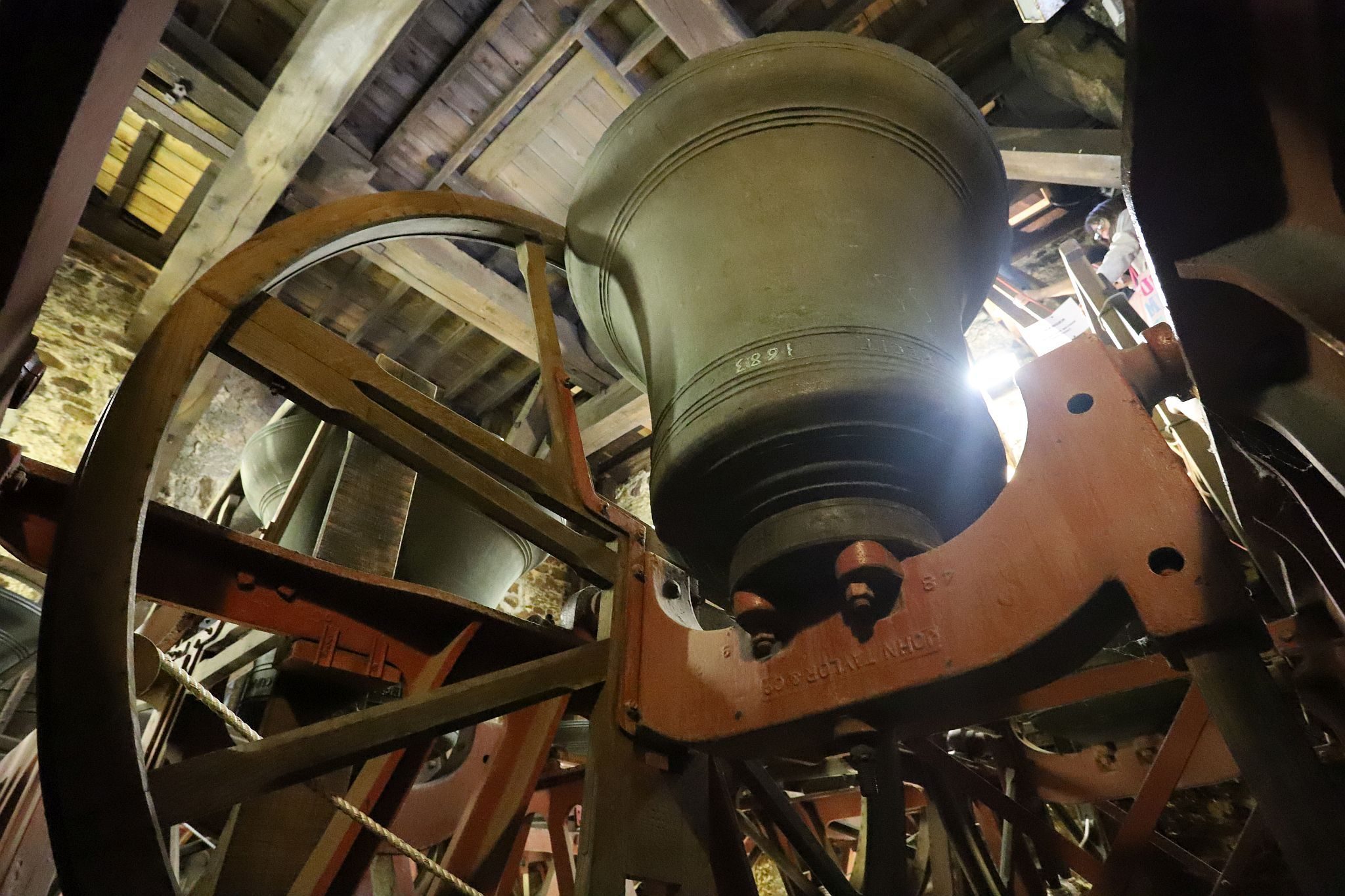 The church bells in the belfry. St Mary’s Church, Harrow-on-the-Hill, London. 29-Apr-2023.