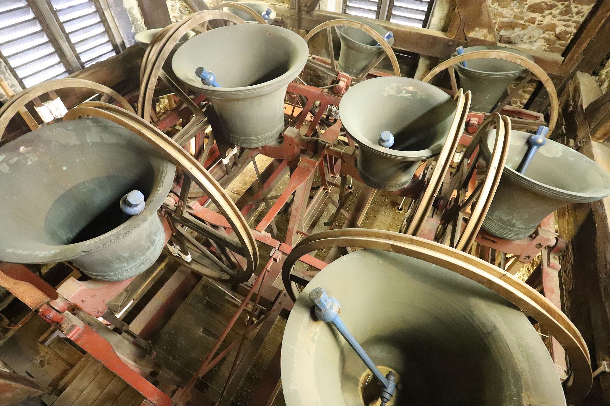 The church bells in the belfry. St Mary’s Church, Harrow-on-the-Hill, London. 29-Apr-2023.