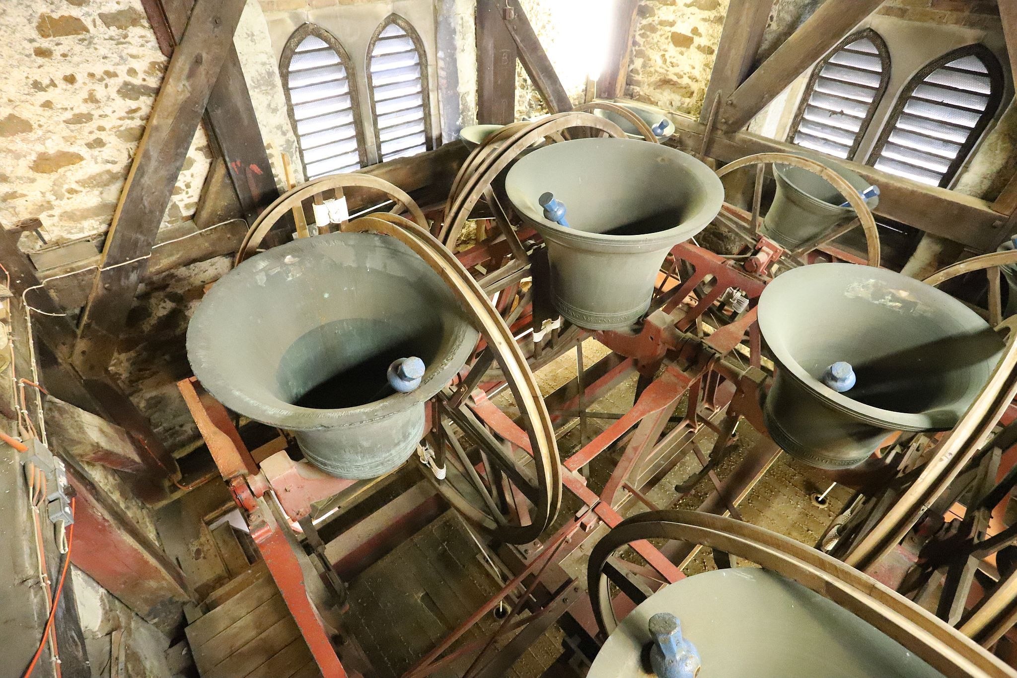 The church bells in the belfry. St Mary’s Church, Harrow-on-the-Hill, London. 29-Apr-2023.