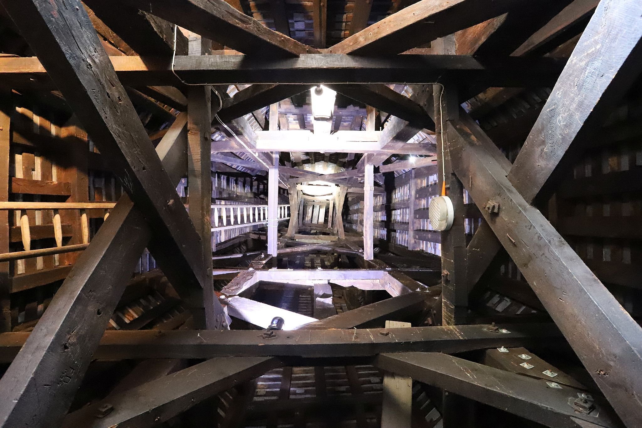 The inside of the church spire. St Mary’s Church, Harrow-on-the-Hill, London. 29-Apr-2023.