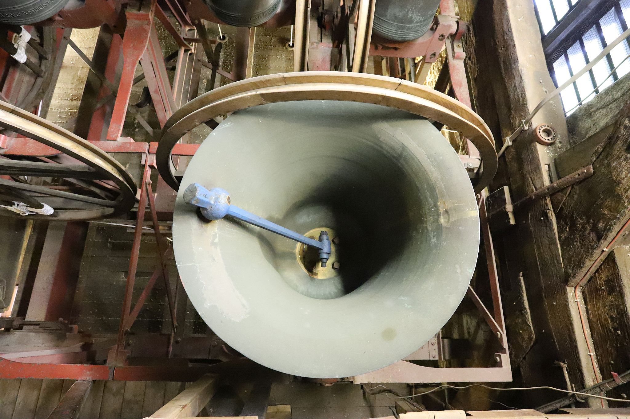 The church bells in the belfry. St Mary’s Church, Harrow-on-the-Hill, London. 29-Apr-2023.