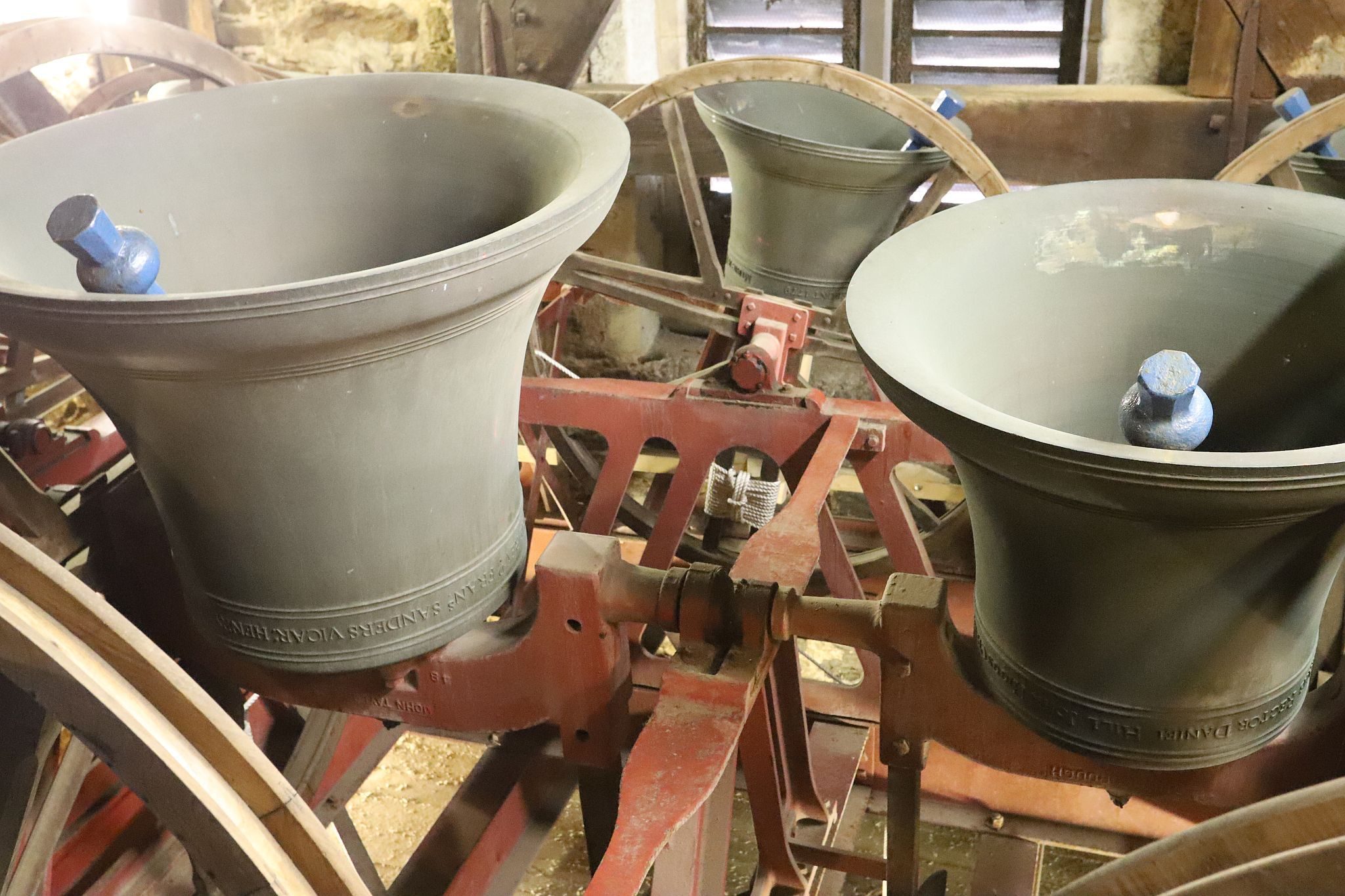 The church bells in the belfry. St Mary’s Church, Harrow-on-the-Hill, London. 29-Apr-2023.