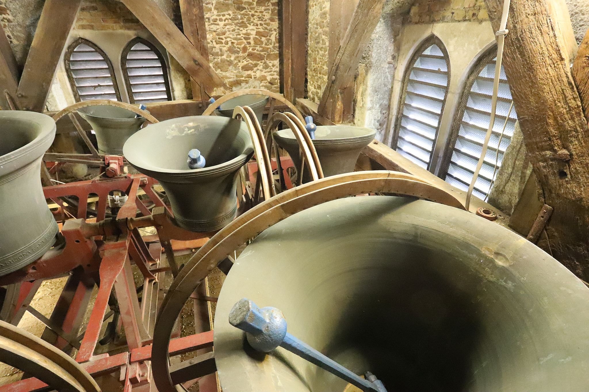 The church bells in the belfry. St Mary’s Church, Harrow-on-the-Hill, London. 29-Apr-2023.