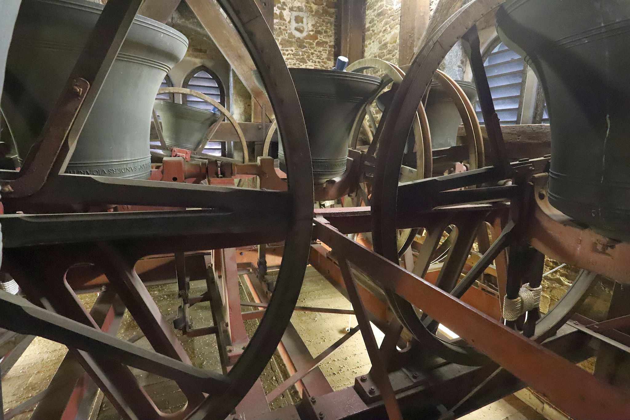 The church bells in the belfry. St Mary’s Church, Harrow-on-the-Hill, London. 29-Apr-2023.