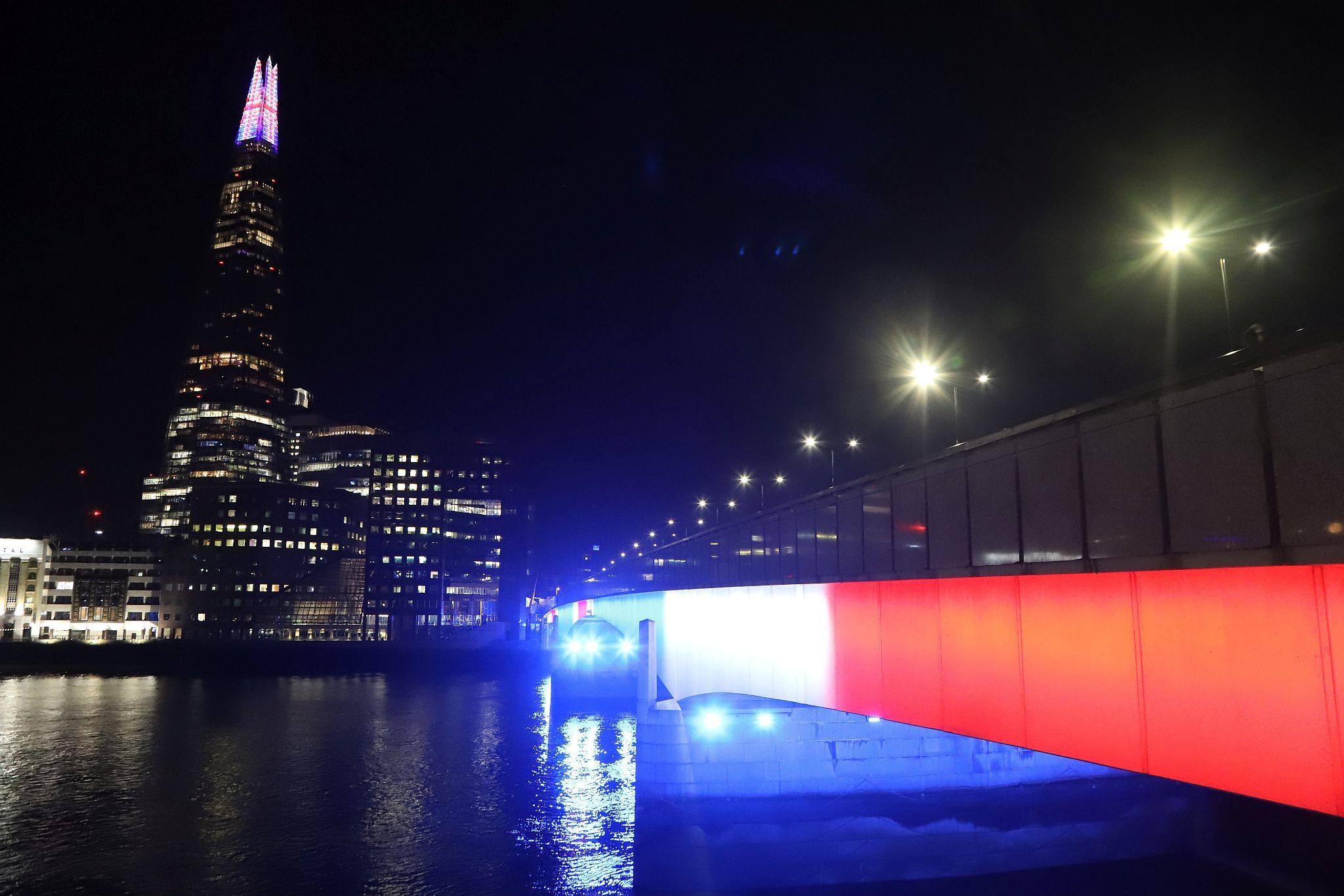 The Shard London Bridge lit red, white and blue to mark the Coronation of King Charles III and Queen Camilla. Photo taken 07-May-2023. London.
