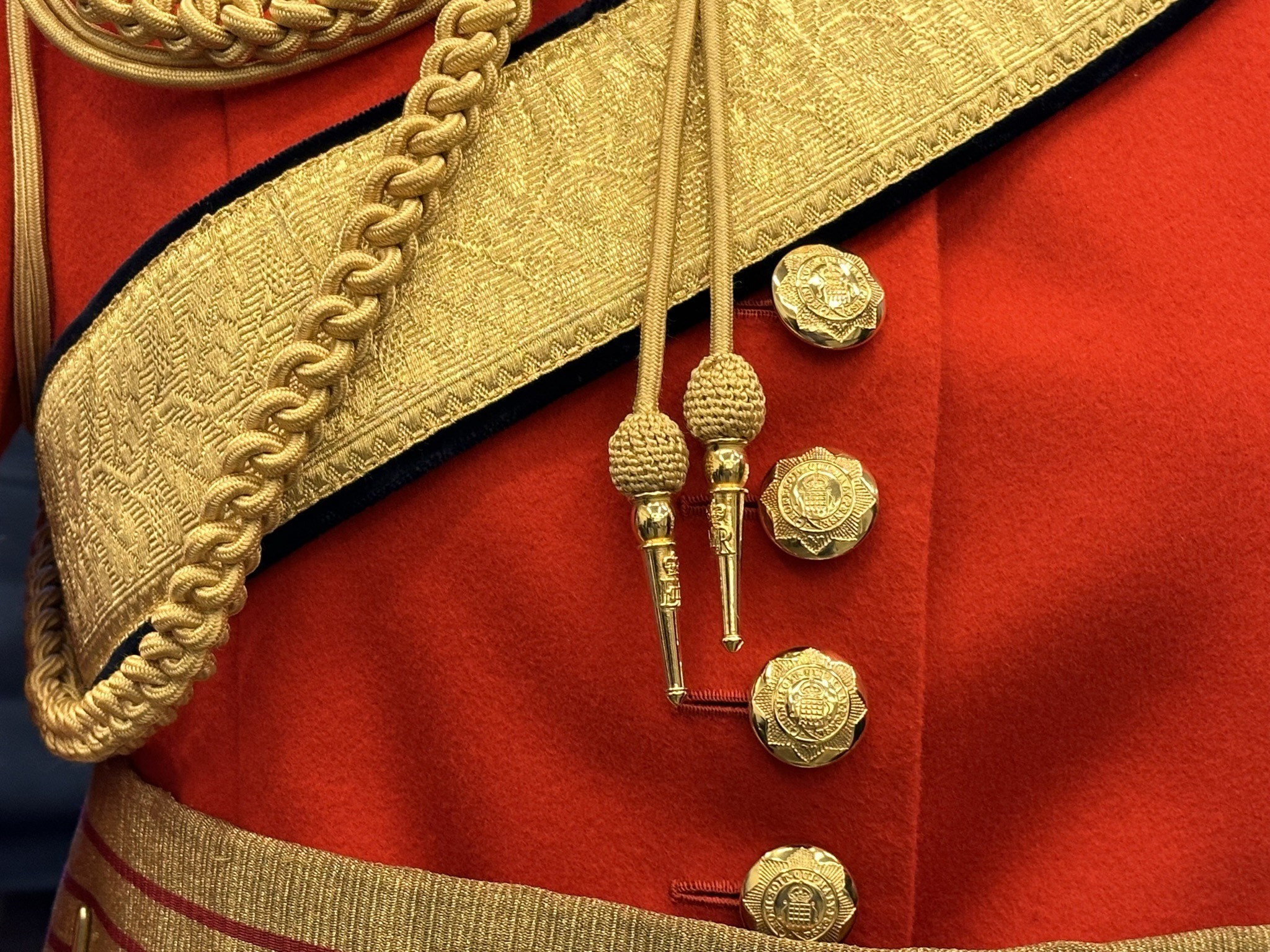Aiguillettes (fancy rope work). Gentlemen at Arms ceremonial uniform, the ceremonial bodyguard of King Charles III, which was founded by King Henry VIII in 1509. 13-May-2023.