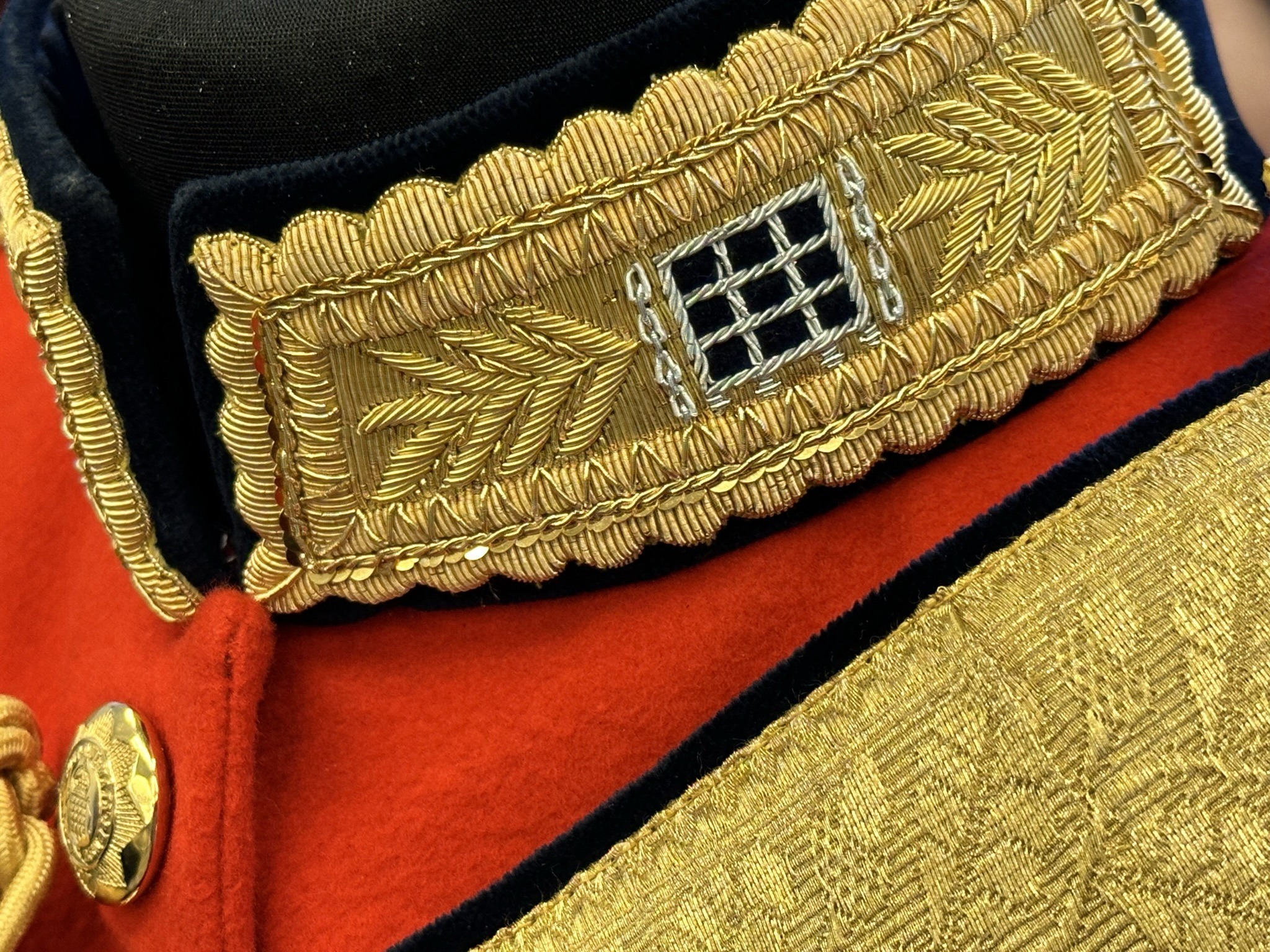 Collar embroidery. Gentlemen at Arms ceremonial uniform, the ceremonial bodyguard of King Charles III, which was founded by King Henry VIII in 1509. 13-May-2023.